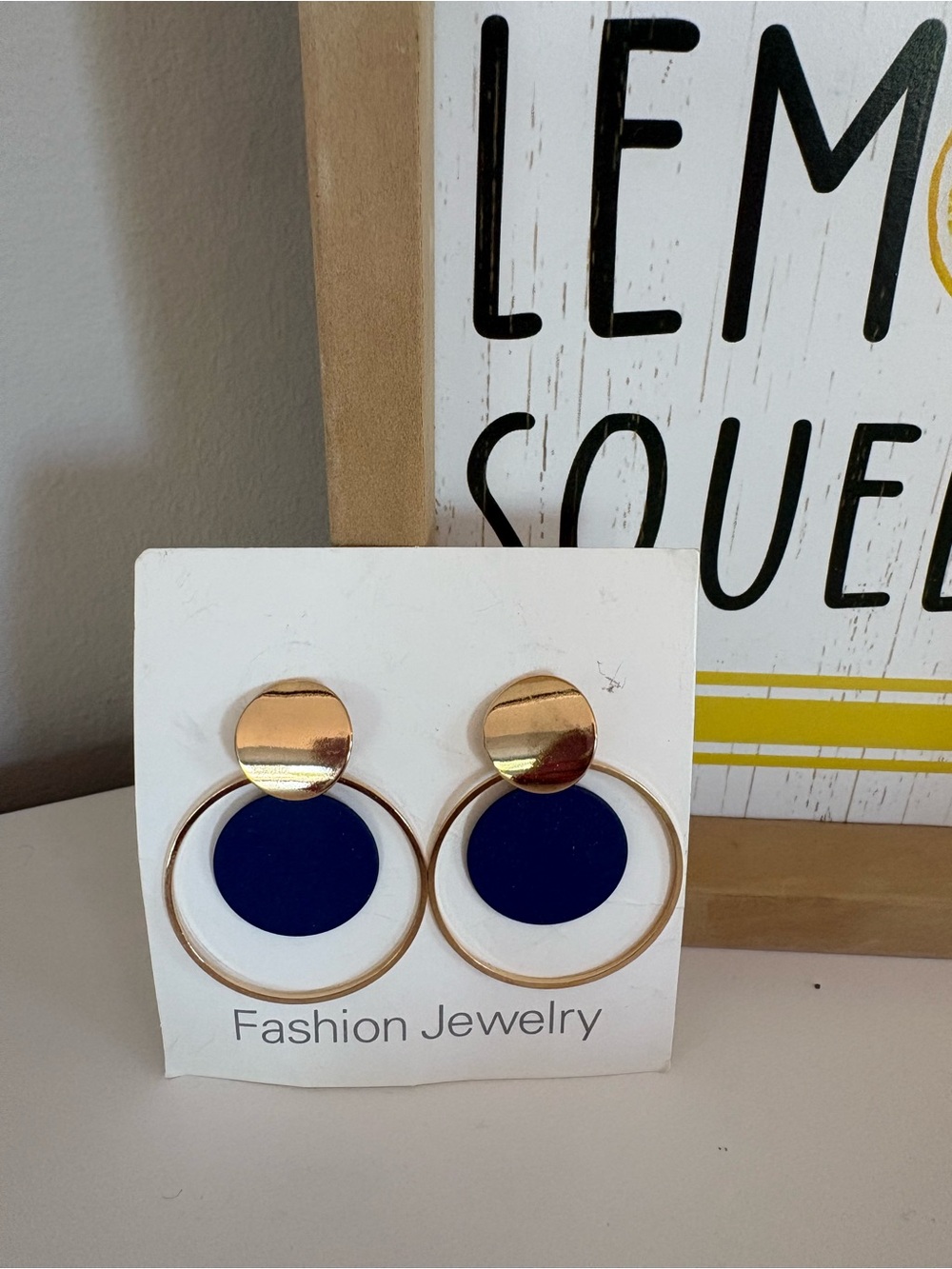 *New* Fashion Jewelry Gold Hoop Earrings with Navy Blue Disc